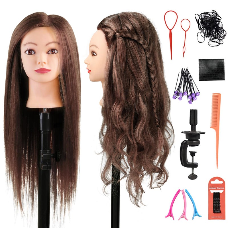 Armmu Mannequin Head with Hair 80% Human Hair Doll Head 26"-28" Hairdresser Practice Training Head Cosmetology Manikin with 9 Tools and Clamp - #4 Brown - Image 1